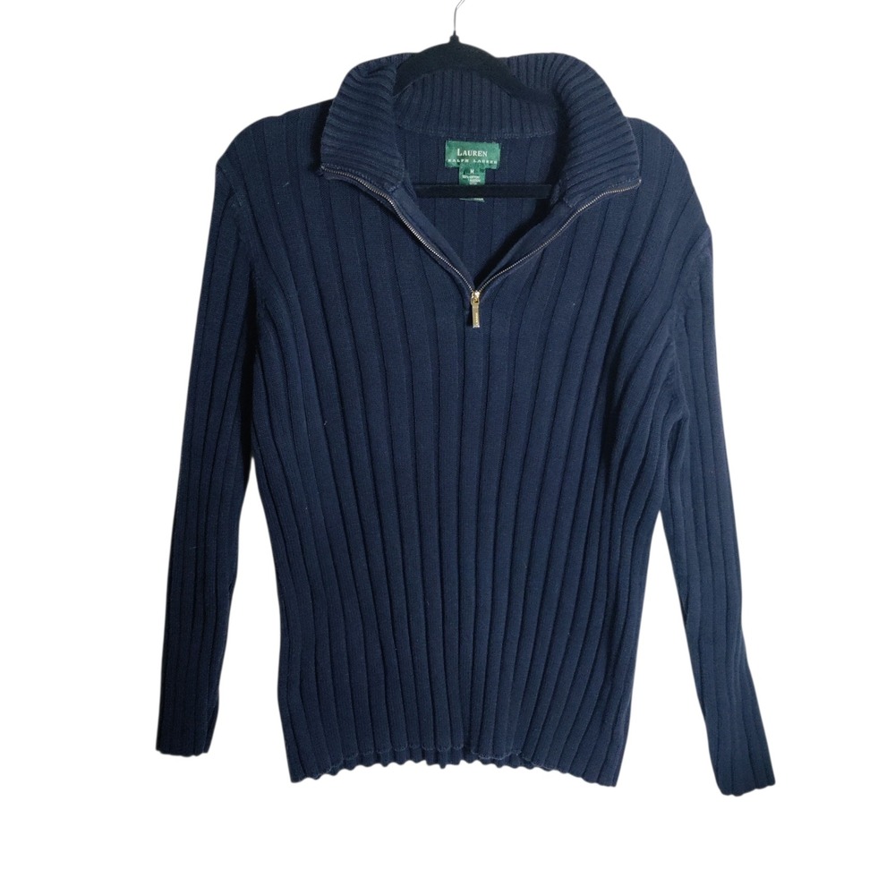Lauren Ralph Lauren Navy Blue Ribbed 100% Cotton Quarter Zip Sweater Womens‎ M